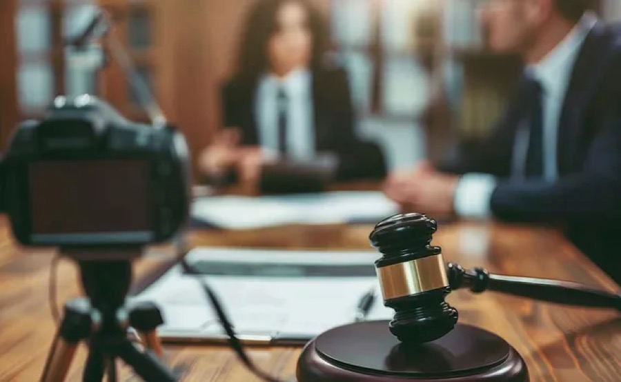 A camera recording a deposition, with a gavel on the table