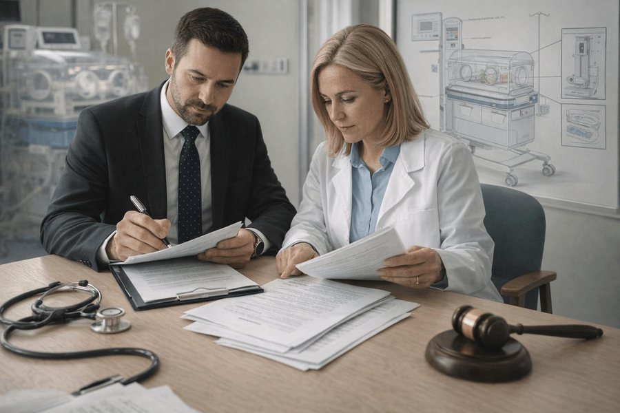 An attorney and a physician reviewing a case together